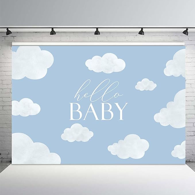 MEHOFOND Hello Baby Baby Shower Backdrop Blue Baby Birthday Party Decorations Backdrop Blue Sky White Cloud Baby Shower Party Decorations Cake Table Banner Supplies Photo Studio Props(7x5ft)