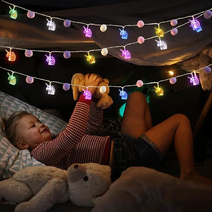 9.85FT Indoor String Lights with 20 Cute PomPoms 20 Colorful Unicorn LED Indoor String Lights Battery Operated with Timer for Home Bedroom Kids Playhouse Birthday Wedding Party Holiday Christmas Decor