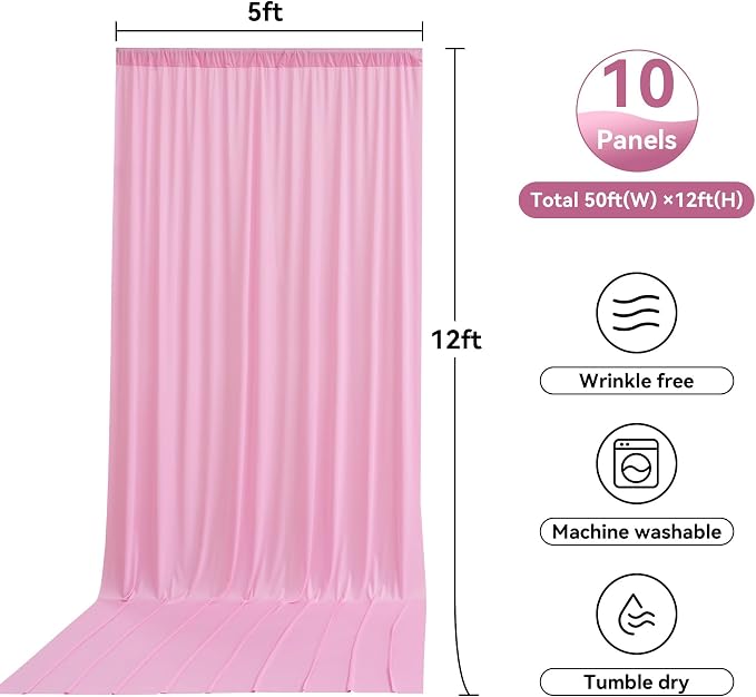 50ftx12ft Pink Backdrop Curtains for Parties, Wrinkle Free Polyester Pink Photo Backdrop Drapes 10 Panels 12 ft Long Back Drop Cloth for Wedding Birthday Photography Background Party