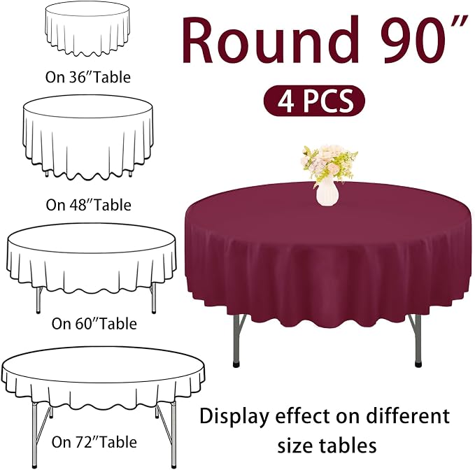 4 Pack Round Tablecloth 90 Inch Polyester Washable Fabric Table Covers for Wedding Dining Table Buffet Parties Banquet Decoration（Burgundy）