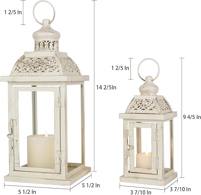 Large Lantern Decorative Outdoor & Indoor, Set of 2 (14’’&10’’) Metal Candle Lanterns Decor, Vintage Hanging Candle Holder for Front Porch Patio Wedding Farmhouse Home, Spring Decoration