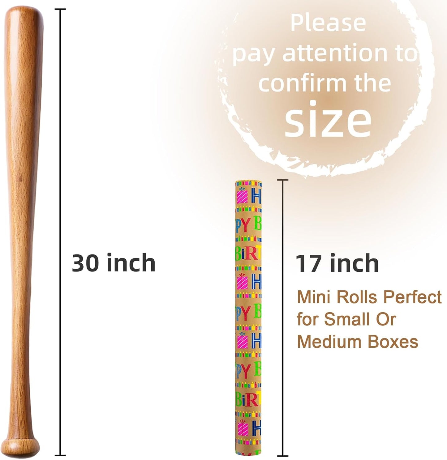 Yarcony Kraft Birthday Wrapping Paper Mini Roll, Gift Wrapping Paper, Heavyweight Brown Colorful Text Happy Birthday Gift Wrap Thick Paper for Present Packaging, Hioliday, All Age (17 Inch X 33 Feet)