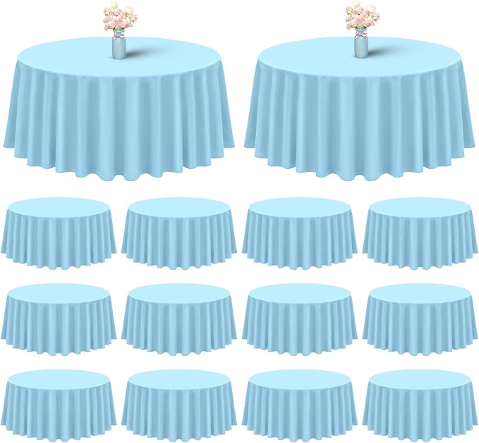 Showgeous 12 Pack Light Blue Round Tablecloth 90 Inch Polyester Table Cloth for Round Tables Washable Decorative Fabric Table Covers for Wedding Dining Party
