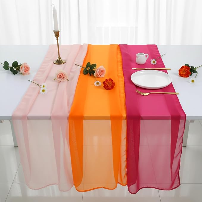 Boao 6 Pcs Red Pink Orange Party Decorations Table Runner Cloth 10Ft Boho Sheer Rustic Fabric Sunset Soiree Party Decorations for Wedding Birthday Baby Bridal Shower Graduation Dawn Sunset Decor