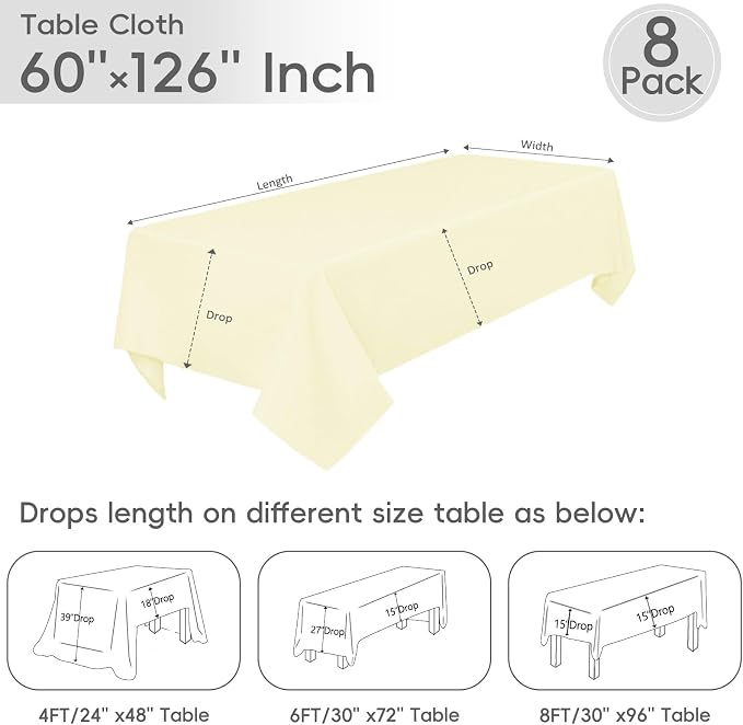 8 Pack Beige Tablecloth 60 x 126 Inch Rectangular Table Cloth for 6 Foot Rectangle Tables, Wrinkle Resistant Washable Polyester Fabric Table Covers for Wedding Party Banquet Buffet and Camping