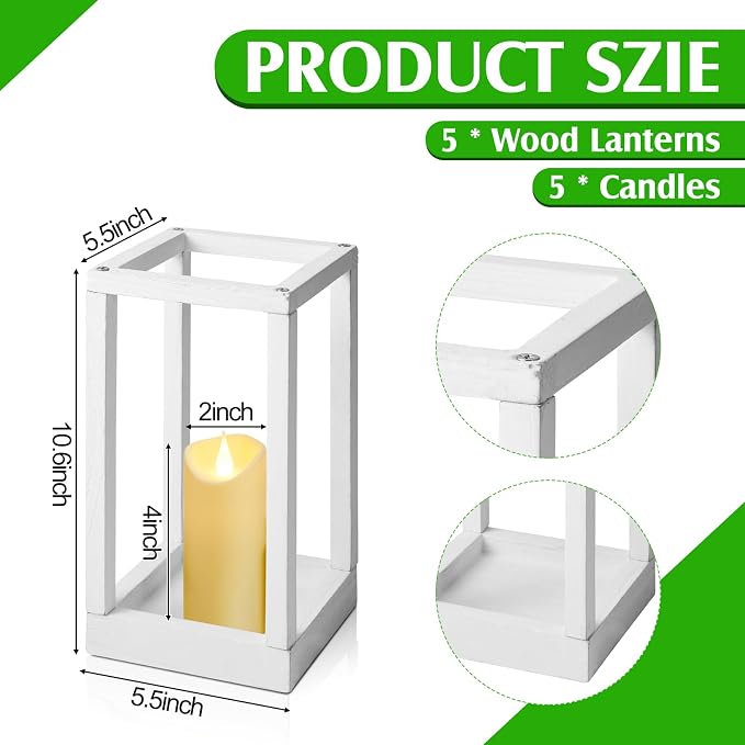 Sabary 5 Sets/ 10 Pcs Wooden Lantern Candle Holders with Candles for Wedding Decoration Vintage Table Centerpiece Farmhouse Rustic Candle Lantern for Indoor Fireplace Dining Party Decor (White)