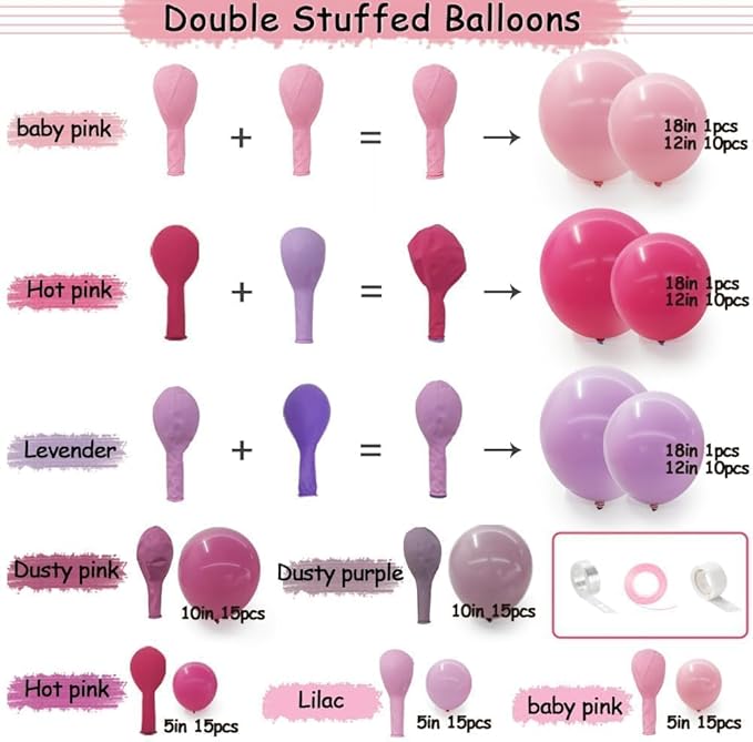 Purple Pink Balloon Garland Double Stuffed Lavender Lilac Balloons Different Sizes Pastel Balloons Hot Pink Lavender Balloon Arch Kit for Birthday Baby Shower Wildflower Wedding Spring Party Decor