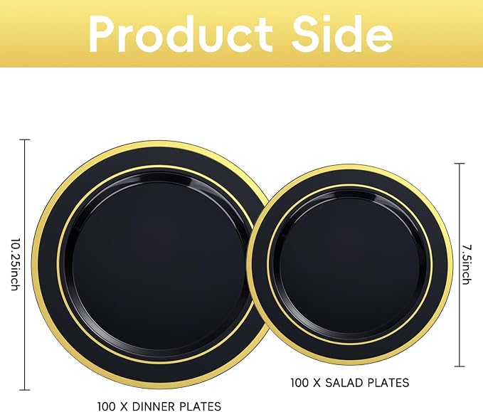 BESTVIP 100PCS Black Plastic Plate with Gold Rim, Disposable Party Plates with 50 Dinner Plates and 50 Dessert Plates, Plastic Plates for Party, Wedding and Birthday