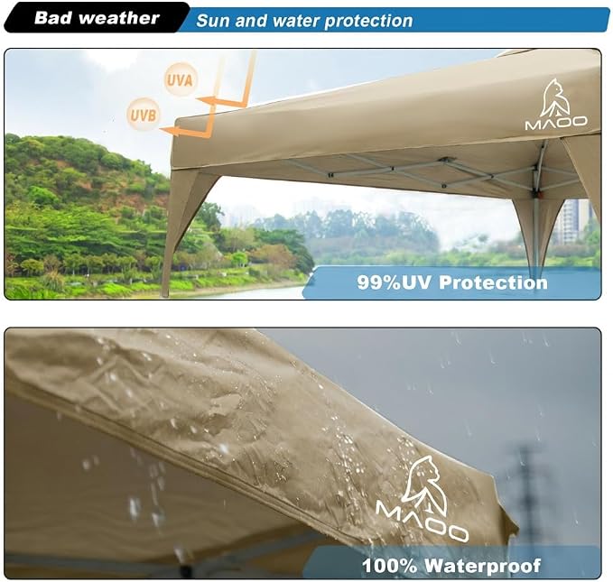 MAOO 10x10 Pop Up Canopy Tent with Sidewall, Easy Setup Instant Outdoor Canopy, 210D Silver Coated Waterproof UPF 50+ Sun Shade Shelter, Heavy Duty Steel Frame, Roller Bag, Khaki