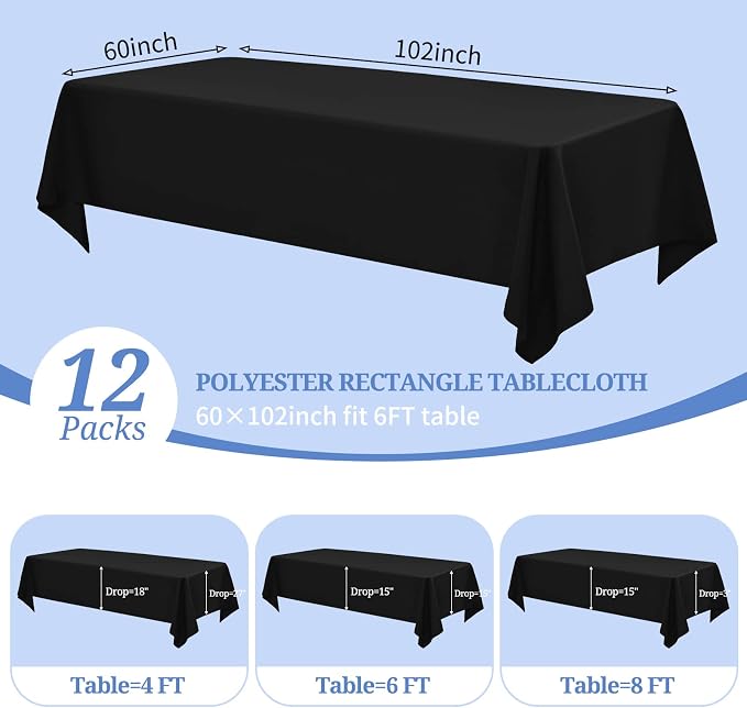 Pesonlook 12 Pack Rectangle Tablecloth-60 x 102 Inch Black Polyester Washable Fabric Table Cover for 6 Feet Rectangle Tables for Buffet Party/Dining Table/Events