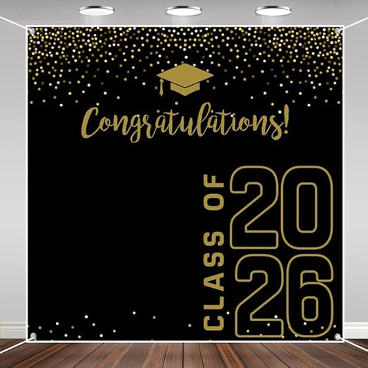 ChloropLastid Graduations Backdrop Congrats Grad Party Photo Background Black Gold Class of 2026 Prom 2026 Graduation Party Decorations Banner Props 8x8ft