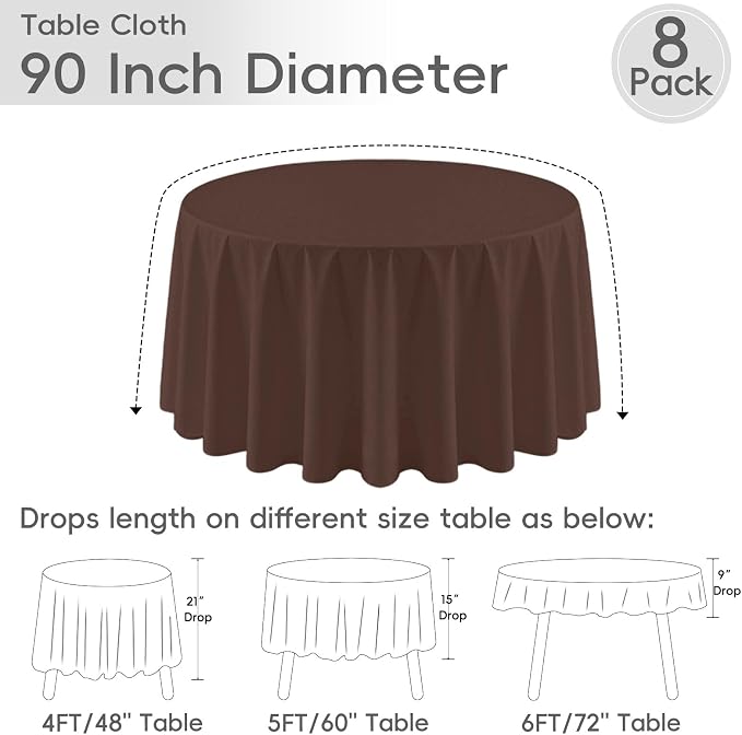 8 Pack Round Tablecloth 90 Inch Brown Tablecloth for Round Tables, Washable Polyester Table Cloth Stain and Wrinkle Resistant Decorative Table Cover for Wedding Party Dining Banquet