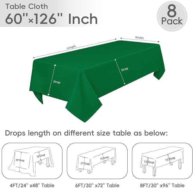 8 Pack Green Table Cloth 60 x 126 Inch Rectangular Tablecloth for 8 Foot Rectangle Tables, Wrinkle Resistant Washable Rectangle Fabric Table Covers for Wedding Party Banquet Buffet and Camping