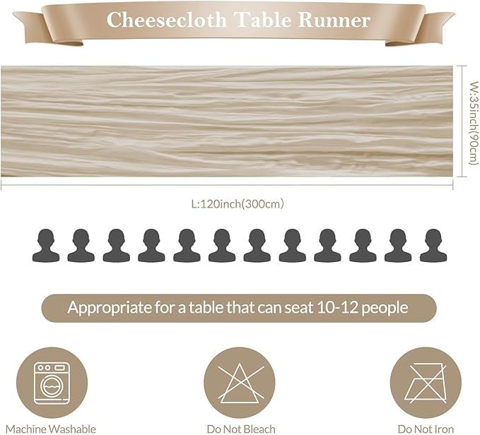 6 Pack Begie Cheesecloth Table Runner 35"×120" Gauze Fabric Table Runner Rustic Sheer Runner for Wedding Birthday Baby Shower Party Table Decoration Beige 6 Pack