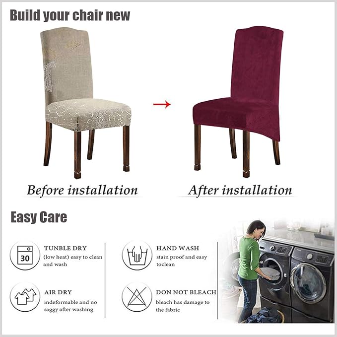 Velvet Plush XL Dining Chair Covers, Stretch Chaircover, Spandex High Chairs Protector Covers Seat Slipcover with Elastic Band for Dining Room,Wedding, Ceremony, Banquet (Wine Red, Set of 4)