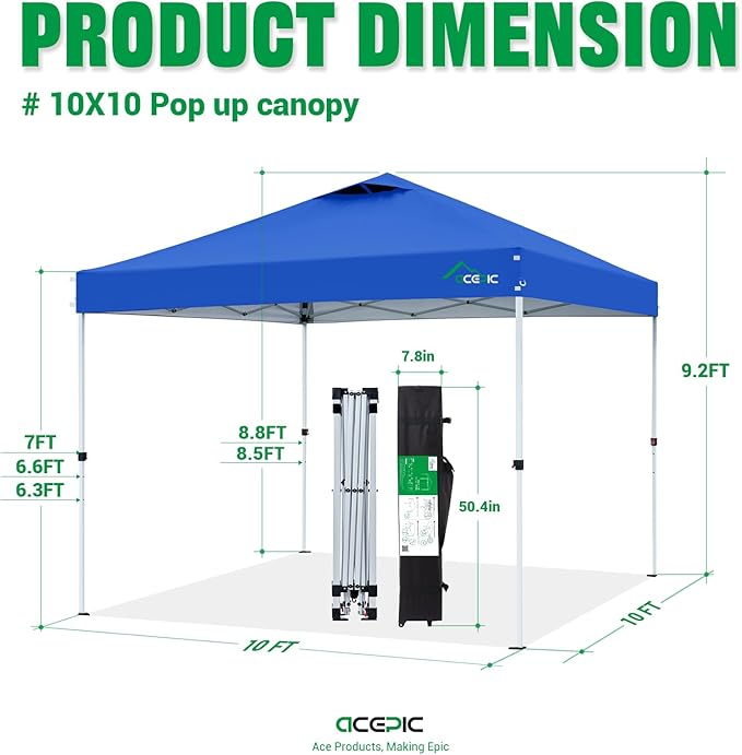 10x10 Pop Up Canopy Tent,300D Silver-Coating Top,Pop Up Canopy Tent Instant Portable Shelter with 1-Button Push and Wheel Carry Bag, 8 Stakes and 4 Upgrade Heavy Duty Canopy Weights (Blue, 10x10)