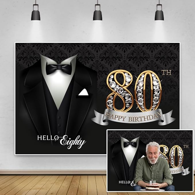 10x6.5ft Men 80th Birthday Background for Photography Black Necktie Suit Tuxedo Hello Eighty Backdrop Banner Luxury Diamonds Gold 80th Happy Birthday Party Supplies Portrait Photoshoot Props