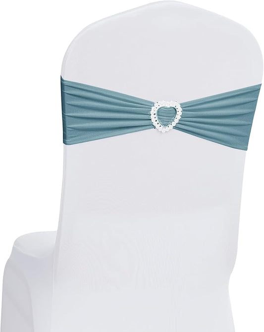 Howhic Pack of 60 Spandex Chair Sashes Bows Stretch Chair Cover Band with Buckle Slider Universal Elastic Chair Ties for Wedding Banquet Party Event Decoration (Dusty Blue)
