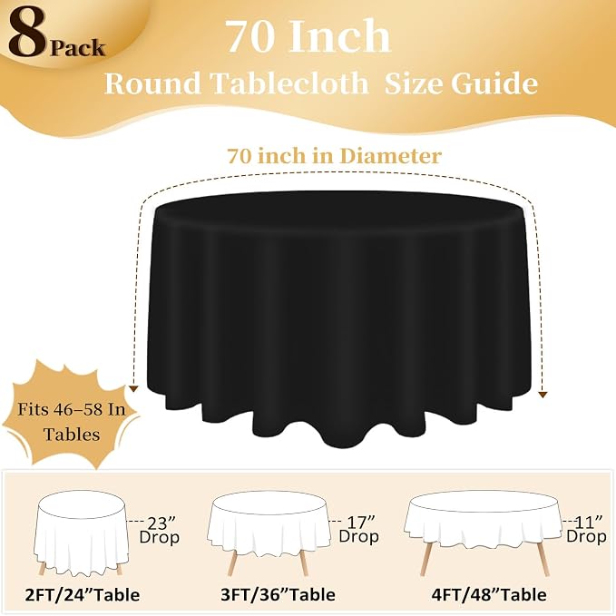 8 Pack Black Round Tablecloth 70 Inch Round Table Cloth Fits 24-58 Inch Tables, Wrinkle Resistant and Washable Polyester Fabric Table Cloth Round Table Cover for Dining Wedding Banquet Party
