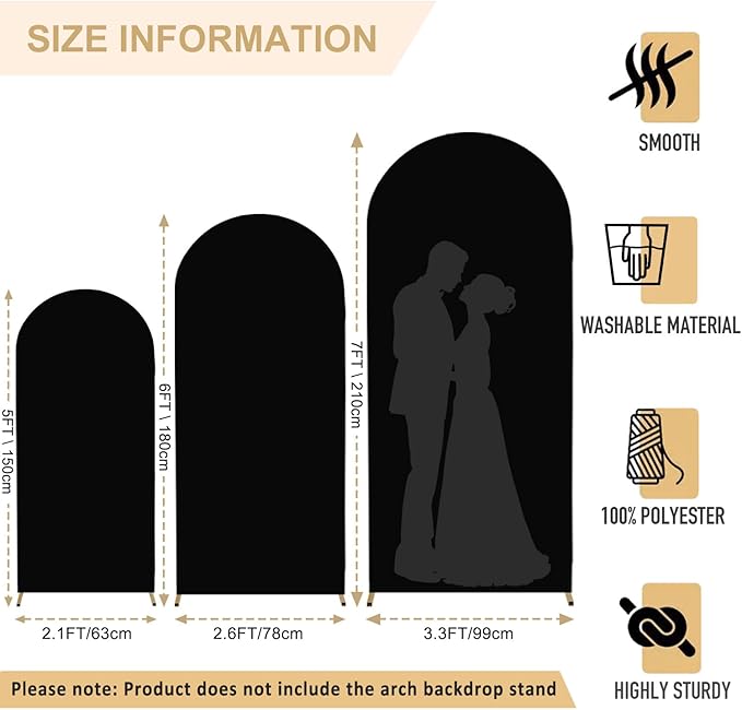 FANPROMS Spandex Arch Backdrop Cover Set of 3 Black Wedding Arch Stand Cover 5FT 6FT 7FT for Arched Frame Decor 2 Sided Arch Stand Covers Backdrop Fabric Round Top Arched Covers for Wedding Ceremony