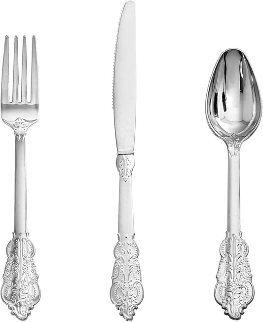 Supernal 360pcs Plastic Silverware, Silver Disposable Cutlery, Silver Plastic Silverware Include 120 Forks, 120 Spoons, 120 Knives, Disposable Utensils Perfect for Birthday, Party, Wedding