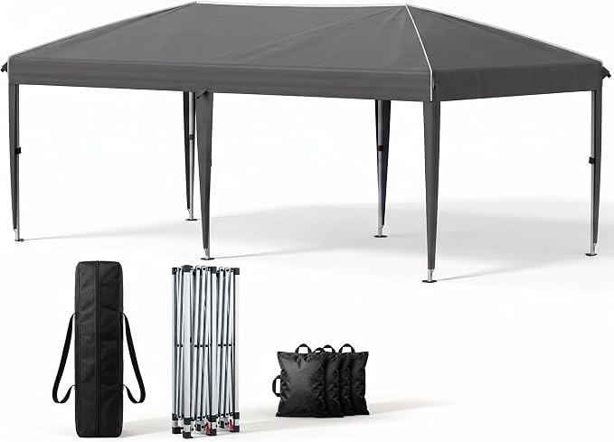 Anunweldo 10x20 Pop Up Canopy Without Sidewalls, Instant Tent with Carry Bag, Sandbags, Height Adjustable Waterproof Outdoor Canopy, Outdoor Canopy for Events, Camping, Parties (Reflective Strips)