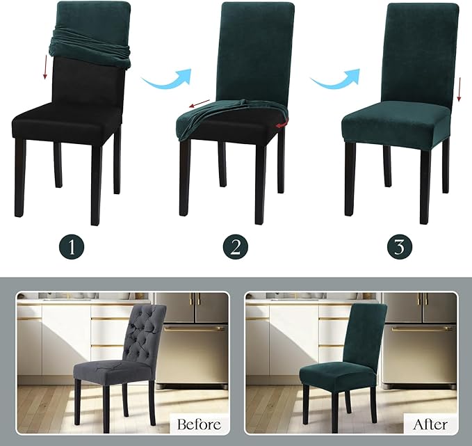MOSAYT Velvet Stretch Chair Covers for Dining Room Set of 6 - Soft Slipcovers with Thick Removable Fabric for Parsons Chairs, Washable Seat Protectors for Kitchen, Banquet & Home Decor, Dark Teal
