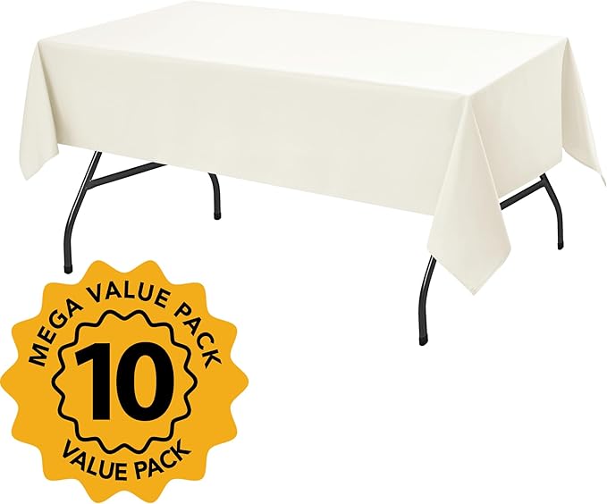 10-Pack Ivory Tablecloths for Rectangle Tables, 60 x 84 Inches, Stain-Resistant Polyester Fabric for 4 Foot Tables - Washable Table Covers for Weddings, Banquets, Birthday Parties, Events