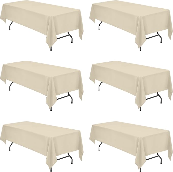 BRILLMAX 6 Pack Beige Tablecloths 60 x 126 Inch for 8ft Rectangle Tables - 150 GSM Polyester Fabric, 15" Standard Drop, Water, Stain & Wrinkle Resistant Cloth Cover for Wedding Banquet Dining Buffet