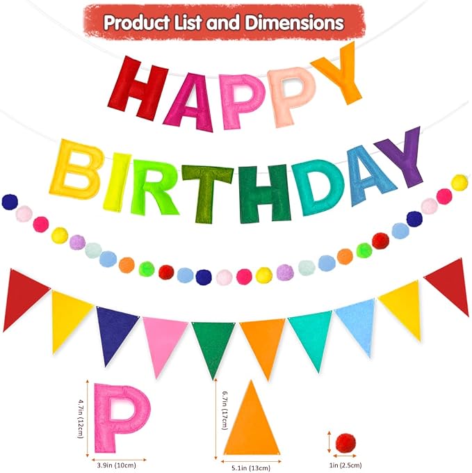 Pre-Strung 3D Rainbow Happy Birthday Banner, 3 PCS Happy Birthday Felt Sign, Pom Pom Garland, Triangle Fabric Bunting, Colorful Reusable Birthday Decorations for Women Men Girls Boys