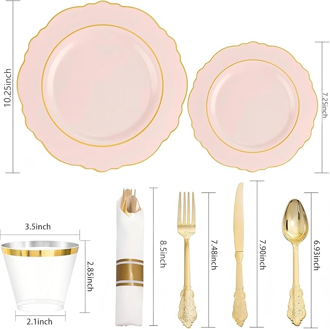 Liacere 175PCS Pink Plates Disposable - Pink and Gold Plates 25guest Baroque Plastic Dinnerware include 150Plates, 25Pack Pre Rolled Napkins with Silverware 25Cups Perfect for Wedding &Mothers Day