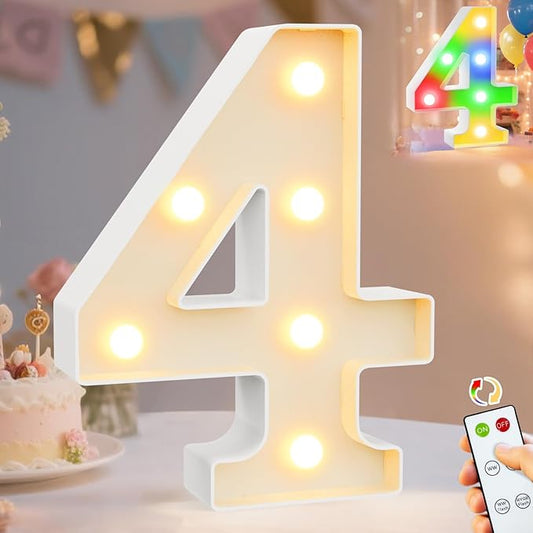 Pooqla LED Light Up Numbers 4, Warm White and Colorful Lighted Marquee Numbers with Remote, Lighted Numbers for 4th 40th Birthday Decorations, Gift for Girls Boys Her Him Anniversary Home Party Decor