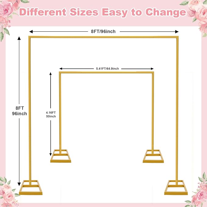 8 FT x 8 FT Square Backdrop Stand Square Arch Wedding Arches Adjustable Pipe for Ceremony Wedding Party Birthday Baby Shower Anniversary Arbor Balloon Decoration（Gold）