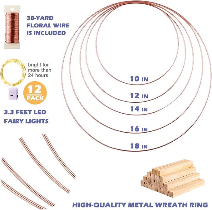 12 Pack Floral Hoop with Stand and LED Fairy Lights 10 inch Metal Rings for DIY Centerpiece Table Decorations Crafts Macrame Rings Hoop Wreath Dream Catcher Wedding Christmas Wreaths, Rose Gold