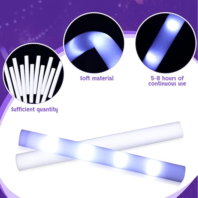 Cunno 50 White LED Foam Stick Bulk 16 Inch 3 Modes Light up Glow in The Dark Light Sticks Flashing Glow Wands for Wedding Birthday Rave Concert Carnival Multi Item Party Favor Packs, Battery Powered