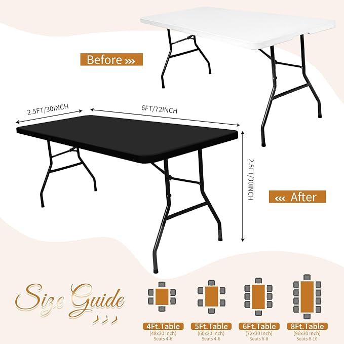 12 Pack Stretch Fabric Table Top Cap Cover, fits 6FT Tables, Black Spandex Table Covers Elastic Universal Rectangle Tablecloth Protector for Indoor Outdoor Party Picnic (Black, 30" W x 72" L)