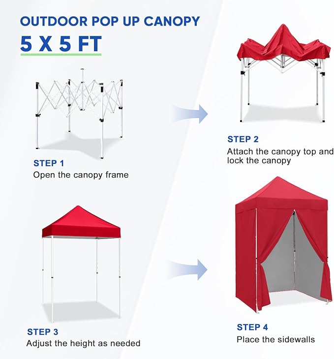 COOS BAY 5x5 Pop Up Canopy Tent with Side Walls, Easy Setup Portable Sun Shelter with Carry Bag, Outdoor Shade for Beach, Camping, Sports & Backyard, Red