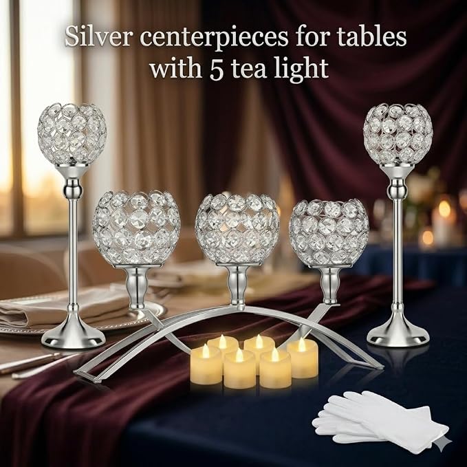 Silver Crystal Candle Holders, Decorative Arch Candelabra Centerpieces for Tables, 3-Arm Candlesticks Holder and 2 Glass Holders, Silver Table Decor for Wedding, Party, Anniversary