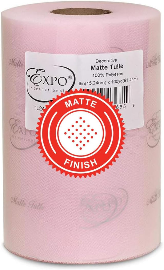 Expo International Decorative Matte Tulle, Roll/Spool of 6” X 100 Yards, Lightweight Polyester Tulle Fabric for Tutus, Costumes, and Party Decorations, Washable, Easy-to-Use, Light Pink