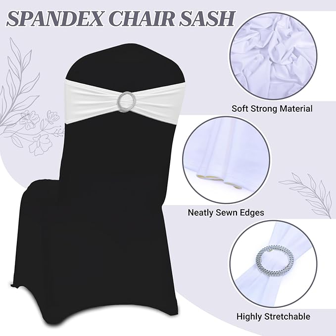 VDS - White | Spandex Chair Sashes Bows | 200 PCS | Stretch Elastic Banquet Universal Folding Chair Band Tie with Silver Buckle Slider for Wedding Party Conference Celebration Event Decoration