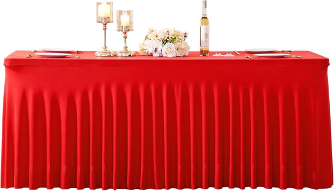 Red Spandex Tablecloths for Rectangle Tables 8 Foot Red Stretch Table Cloth Rectangle 8ft Elastic Fitted Table Cover Fabric with Skirt for Wedding Baby Shower Graduation Birthday Party Banquet Buffet