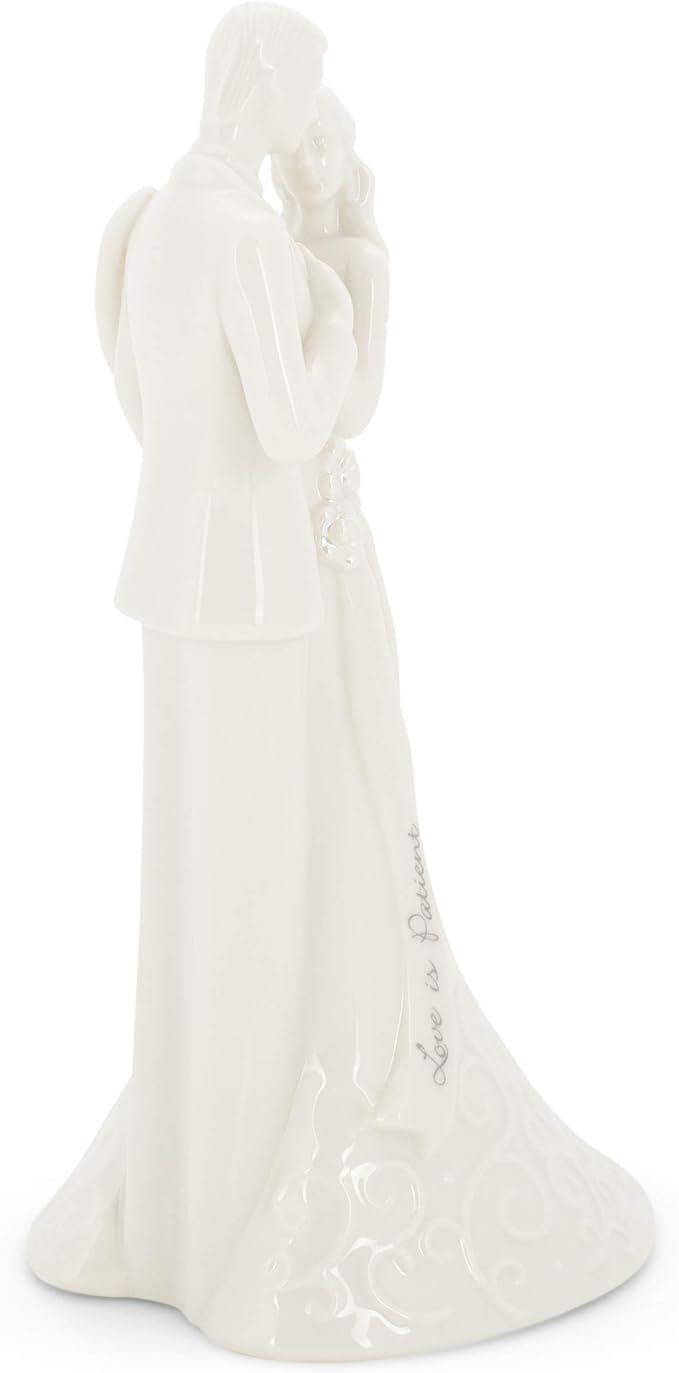 Roman 8.5" Wedding Cake Topper – Elegant Bride and Groom Figurine with “Love Is Patient” Inscription, Porcelain Finish, Wedding or Anniversary Keepsake