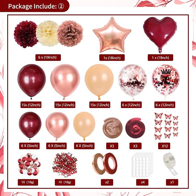 Burgundy Rose Gold Birthday Decorations with Happy Birthday Banner, Balloons, Sash, Crown, Butterfly, Hanging Swirls, Flower Tablecloth, Fringe Curtain, Pompoms for Women Girls Party Backdrop Supplies