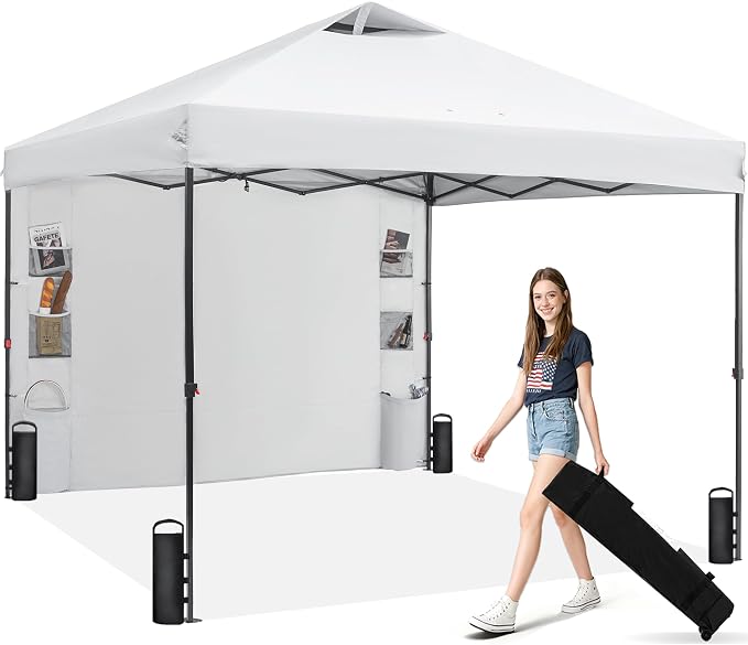 GAFETE 10×10 Pop Up Canopy Tent with 1 Pockets Sidewall, Easy up Sun Shade with One Push Setup, Portable Instant Outdoor Canopy Tent for Events Parties Camping with Carrying Bag (White, 10x10 FT)