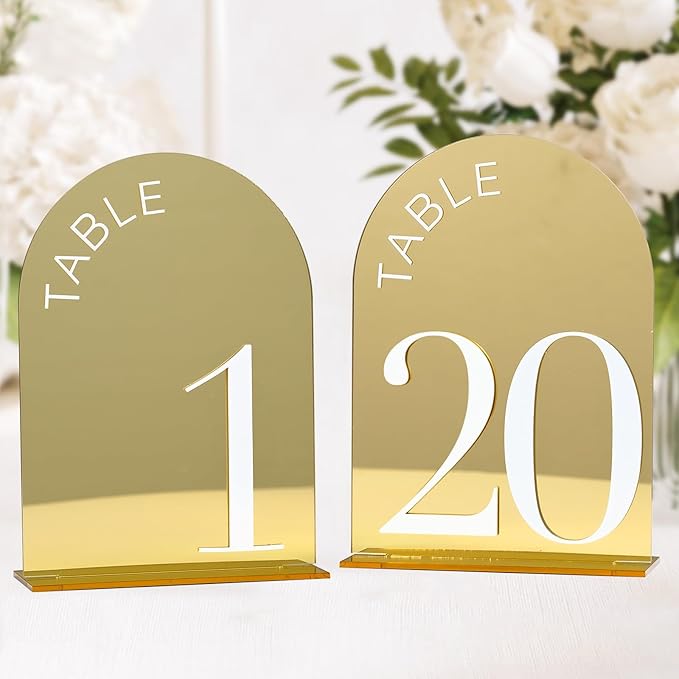 Gold Mirror Arch Table Numbers 1-20 with Stand, 20 Pack 5x7 Inch Gold Acrylic Signs with White Numbers, 3D Arched Acrylic Table Numbers 1-20 for Wedding Reception