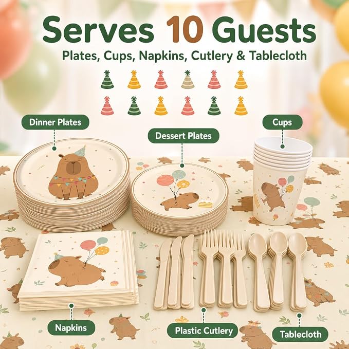 120 PCS Capybara Birthday Party Supplies for 10 Guests, Cute Animal Theme Decorations and Tableware Set with Banner, Balloons, Plates, Cups, Napkins, Cutlery, Tablecloth, and Toppers