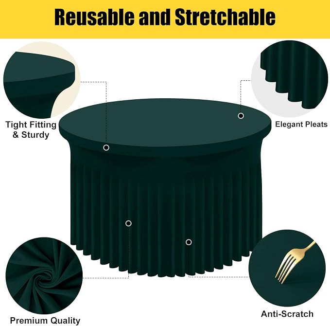 Smiry Round Spandex Tablecloth 2 Pack, Elastic Fitted Washable Tablecloths for 72 Round Tables, Waterpoof Stretch Table Cover Skirt for Outdoor, Wedding, Banquet & Parties, Hunter Green