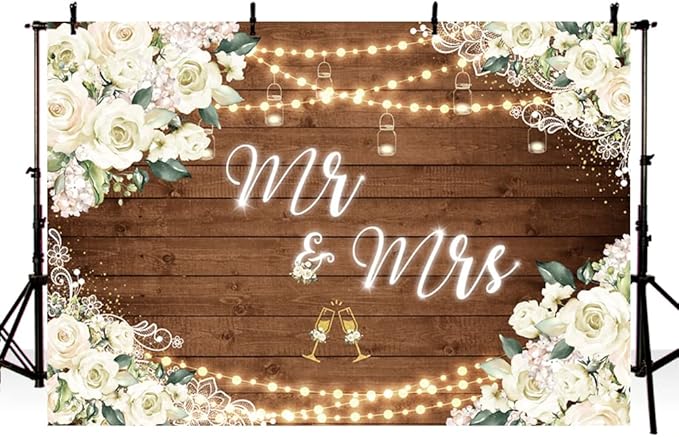 MEHOFOND 10x7ft White Floral Mr & Mrs Engagement Decorations Backdrop Couples Wedding Wooden Background Bride and Groom Engaged Ceremony Anniversary Bridal Shower Party Supplies Photobooth Props