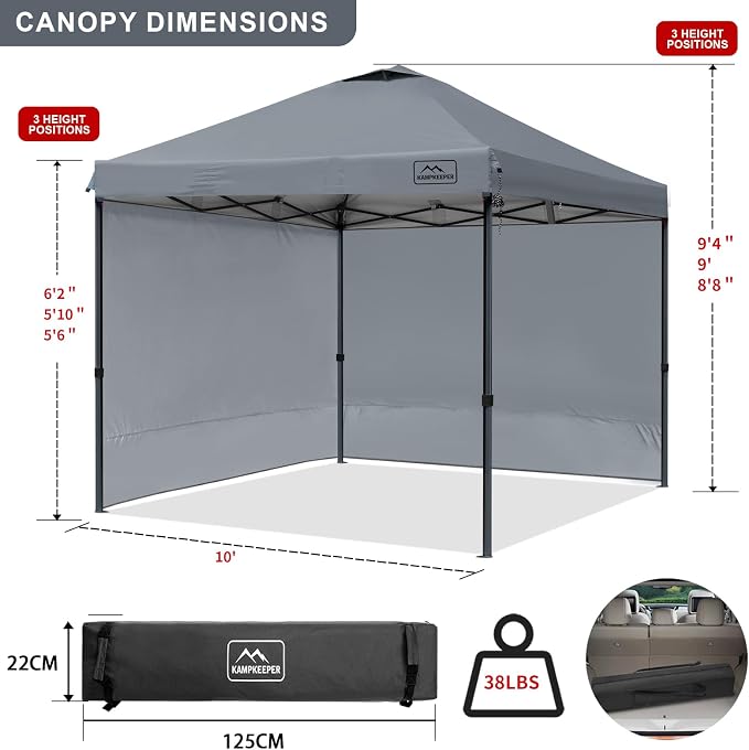 KAMPKEEPER 10x10 Pop-Up Canopy Tent, Waterproof, Portable Shade with Side Walls, Adjustable Instant Outdoor Shelter for Camping, Backyard, and Events, Grey