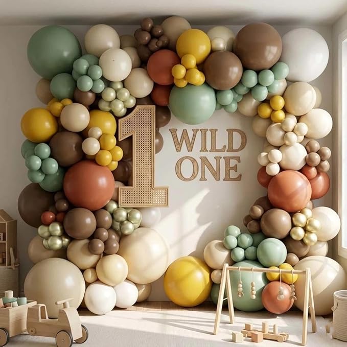 Green Brown Balloon Arch Double Stuffed Latex Sage Green White Gold Balloons Mustard Yellow White Balloon Garland For Birthday Baby Shower Safari Jungle Wooland Garden Theme Party Decor